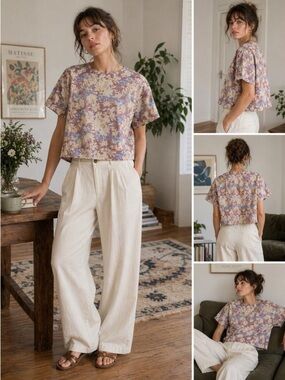 NEW Wildfang The Essential Boxy Top Woodblock Floral 100% Cotton Size Medium
